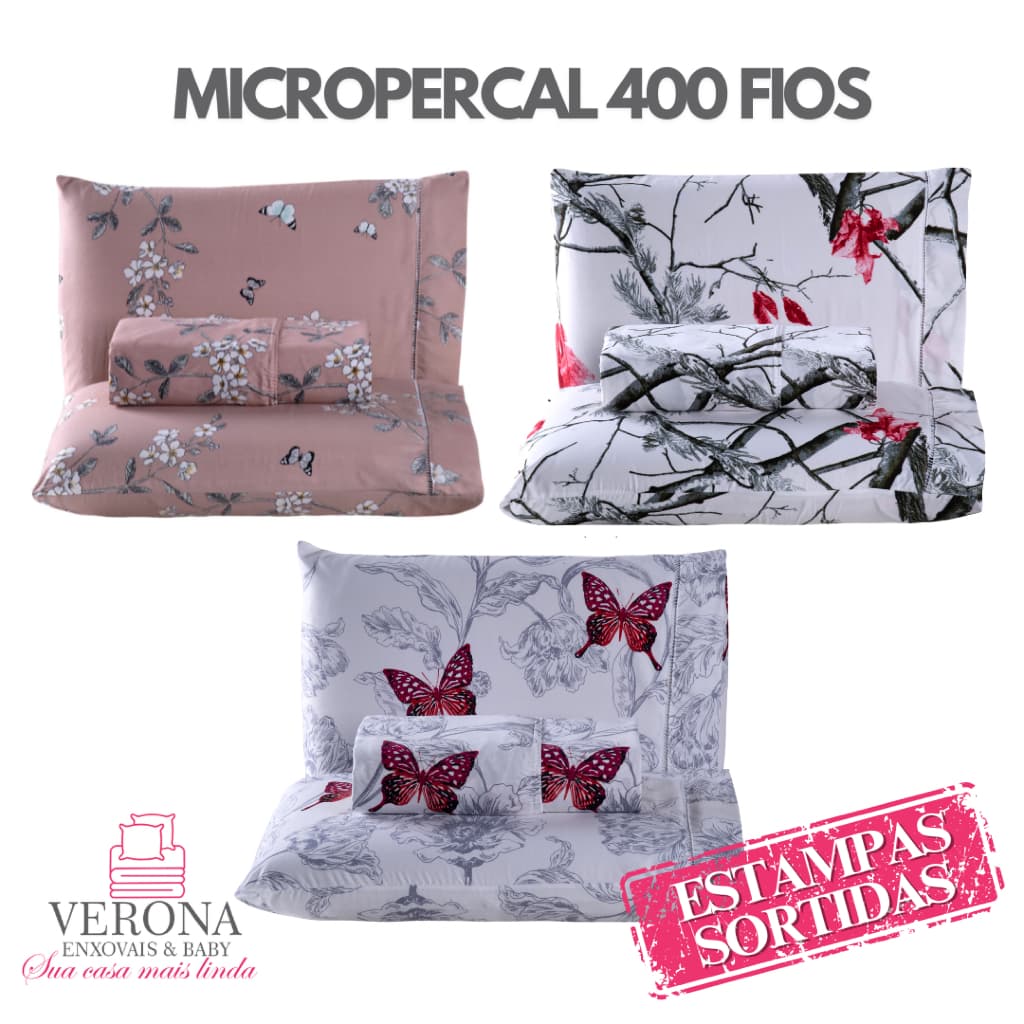 Jogo de Cama Lençol Solteiro Casal Queen 3 Peças Micropercal Estampado 400 Fios com Ponto Palito na Fronha - Aproveite