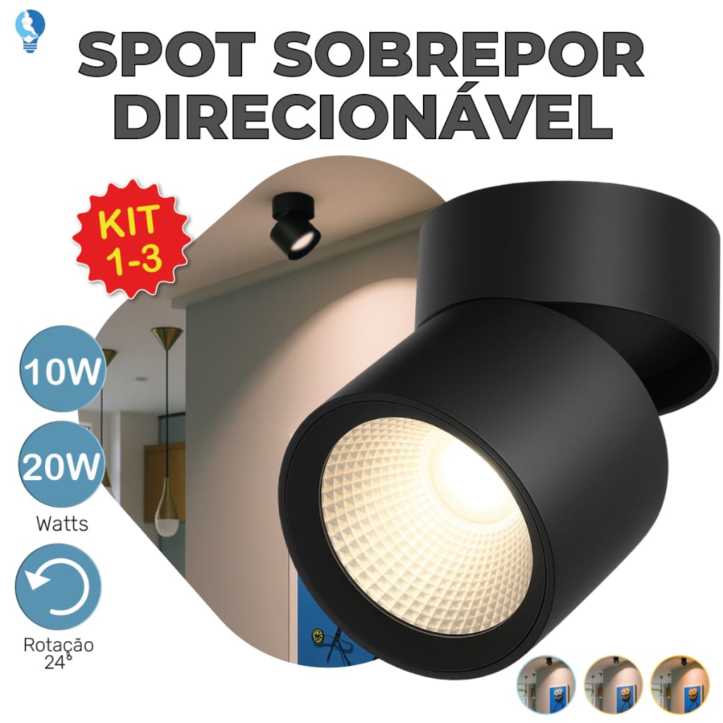 Spot Sobrepor Downlight Preto 20W 10W Luminária de Teto Dobrável Ajustável 3 Luz Bivolt