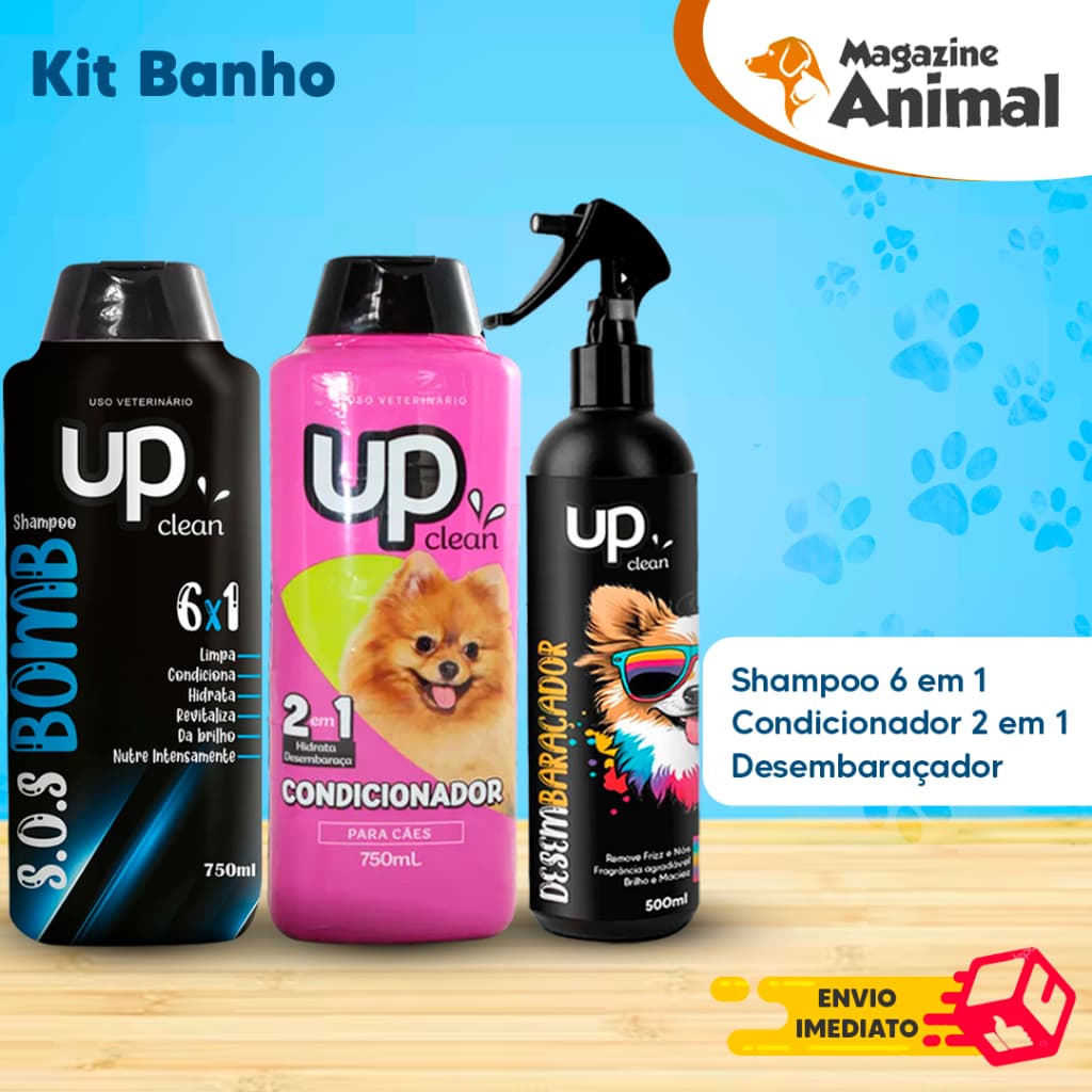 Kit para Cachorro Shampoo Bomb 6 em 1 + Condicionador 750ml + Desembaraçador de Pelos Kit Banho Pet UP Clean