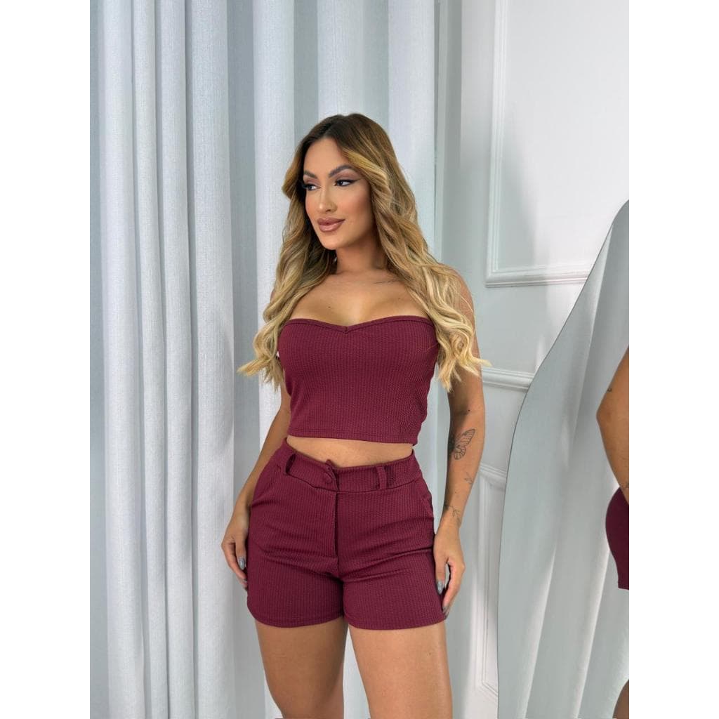 Conjunto Mabel Top Cropped Tomara que Caia Decote Coração e Short Botão com Bolso Cintura Alta Novidade Moda Feminina