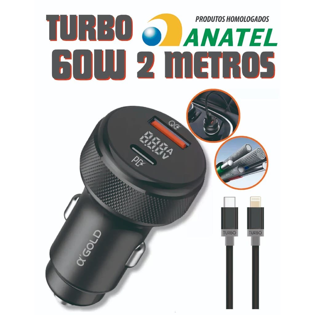 Carregador Celular AUTOMOTIVO PD-LIGHTNING 60W C/VISOR Turbo ANATEL IPHONE XR 11 12 13 14 Veicular