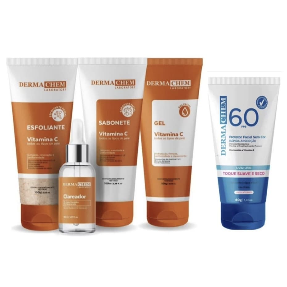 KIT SKINCARE VITAMINA C ÁCIDO MANDÉLICO E NIACINAMIDA Sabonete/Esfoliante/Gel/Sérum/Protetor Solar