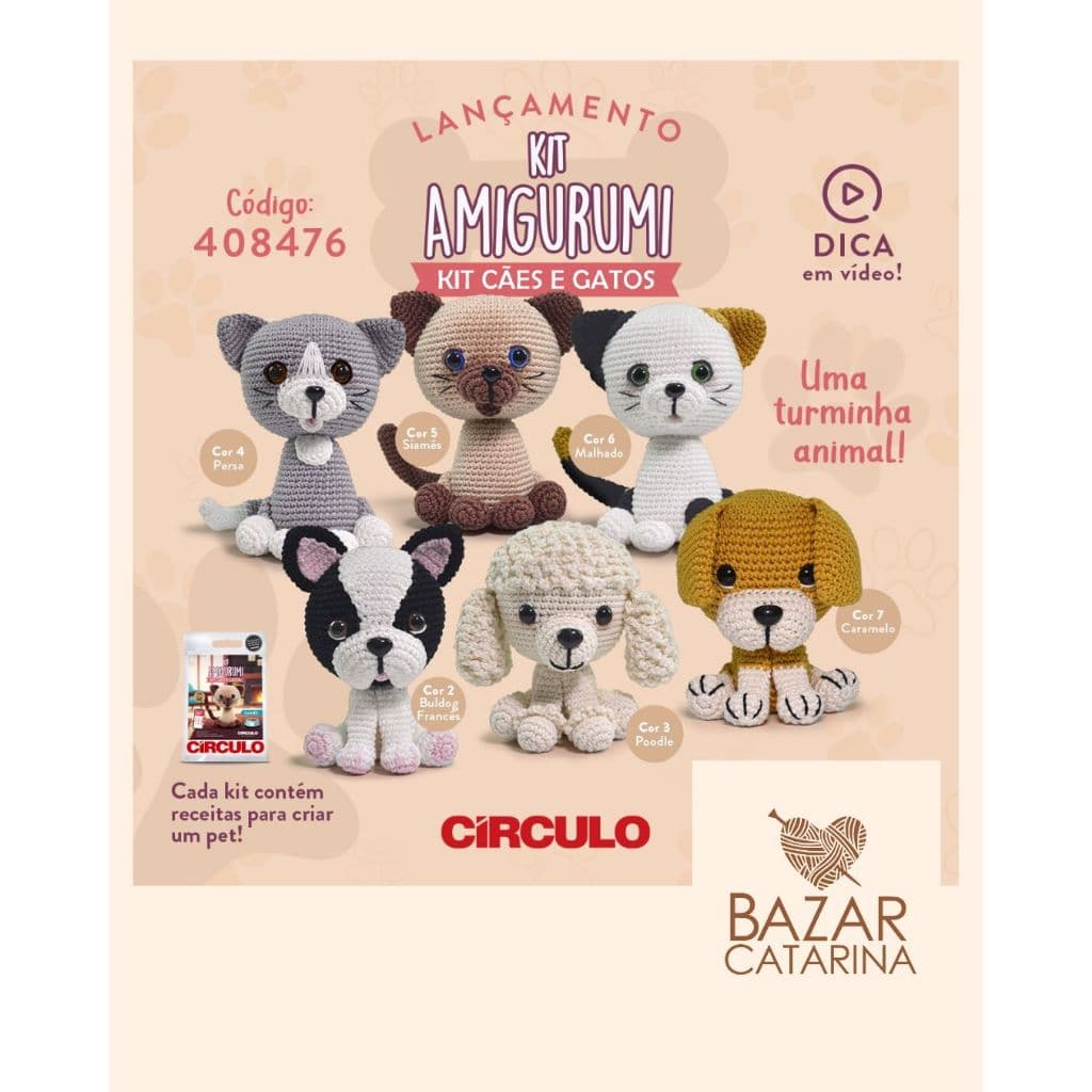 Kit amigurumi cães e gatos crochê faça você mesmo