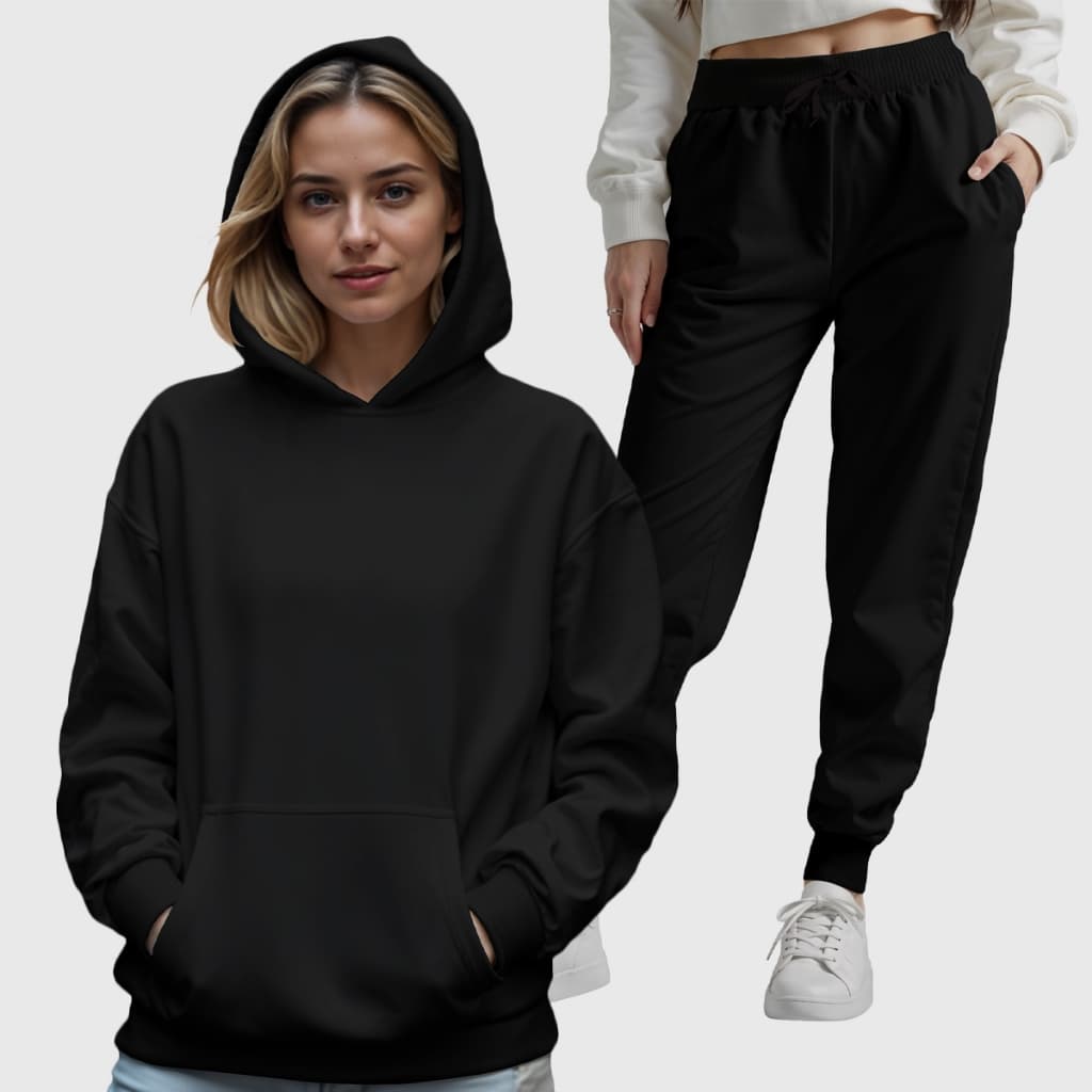 Conjunto de Moletom Canguru Feminino Liso Blusa e Calça Interior Flanelado Costuras Reforçadas