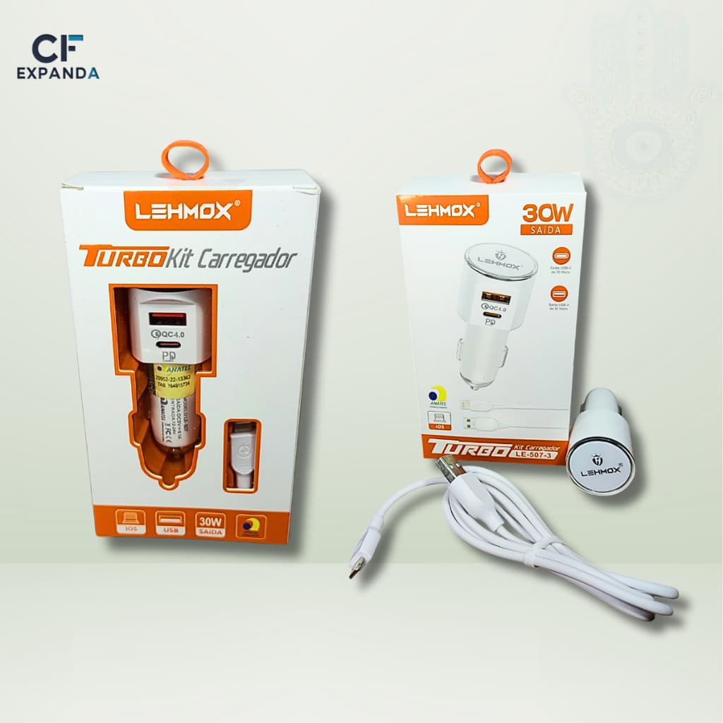 Carregador Veicular Celular Iphone GPS Turbo Lightning IOS 30 Watts Lehmox