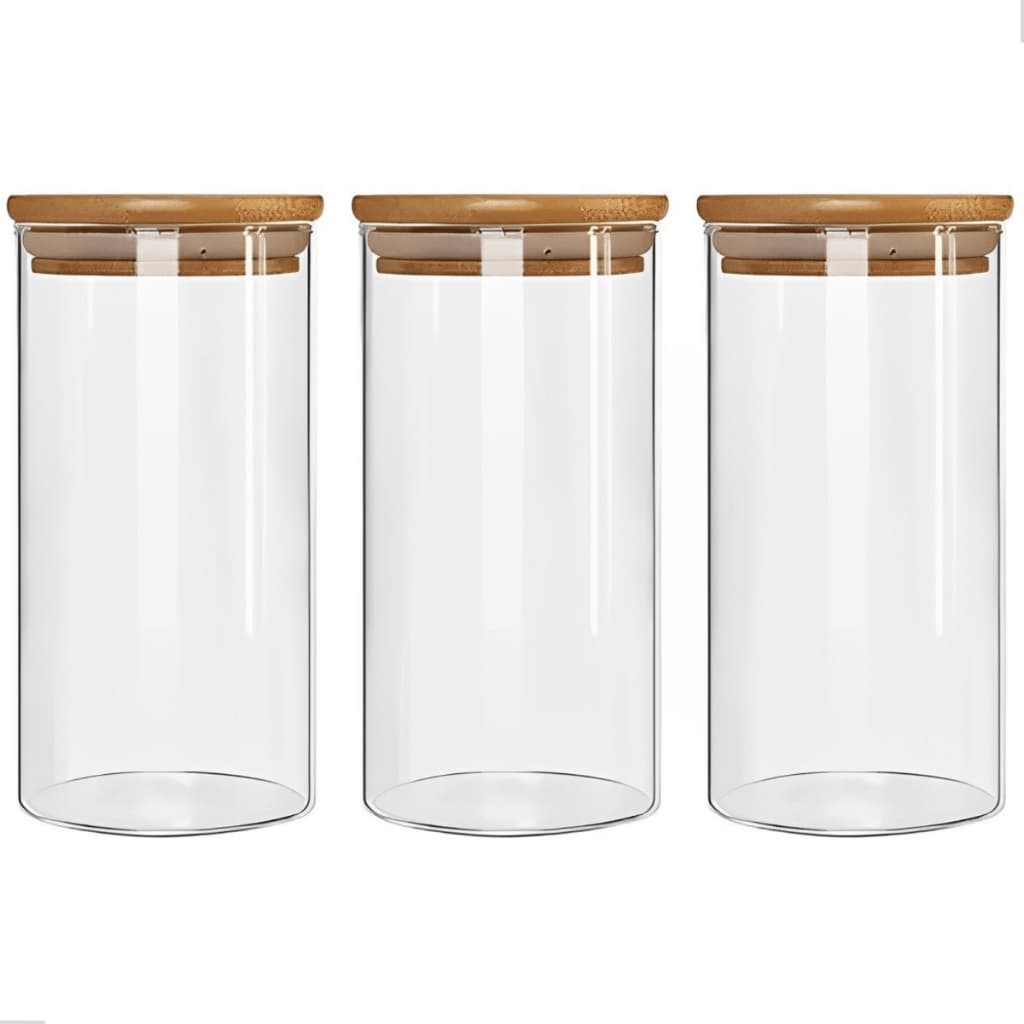 Conjunto 3 Potes Herméticos Com 800ml De Vidro Redondo Tampa De Bambu Mantimentos Tempero Alimento