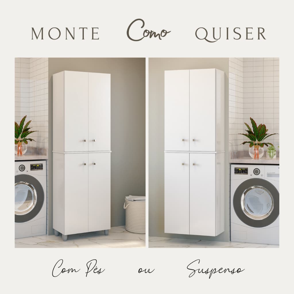 Armário Multiuso 4 Portas 184cm Parede | Suspenso ou com Pés Lavanderia Cozinha Organizador