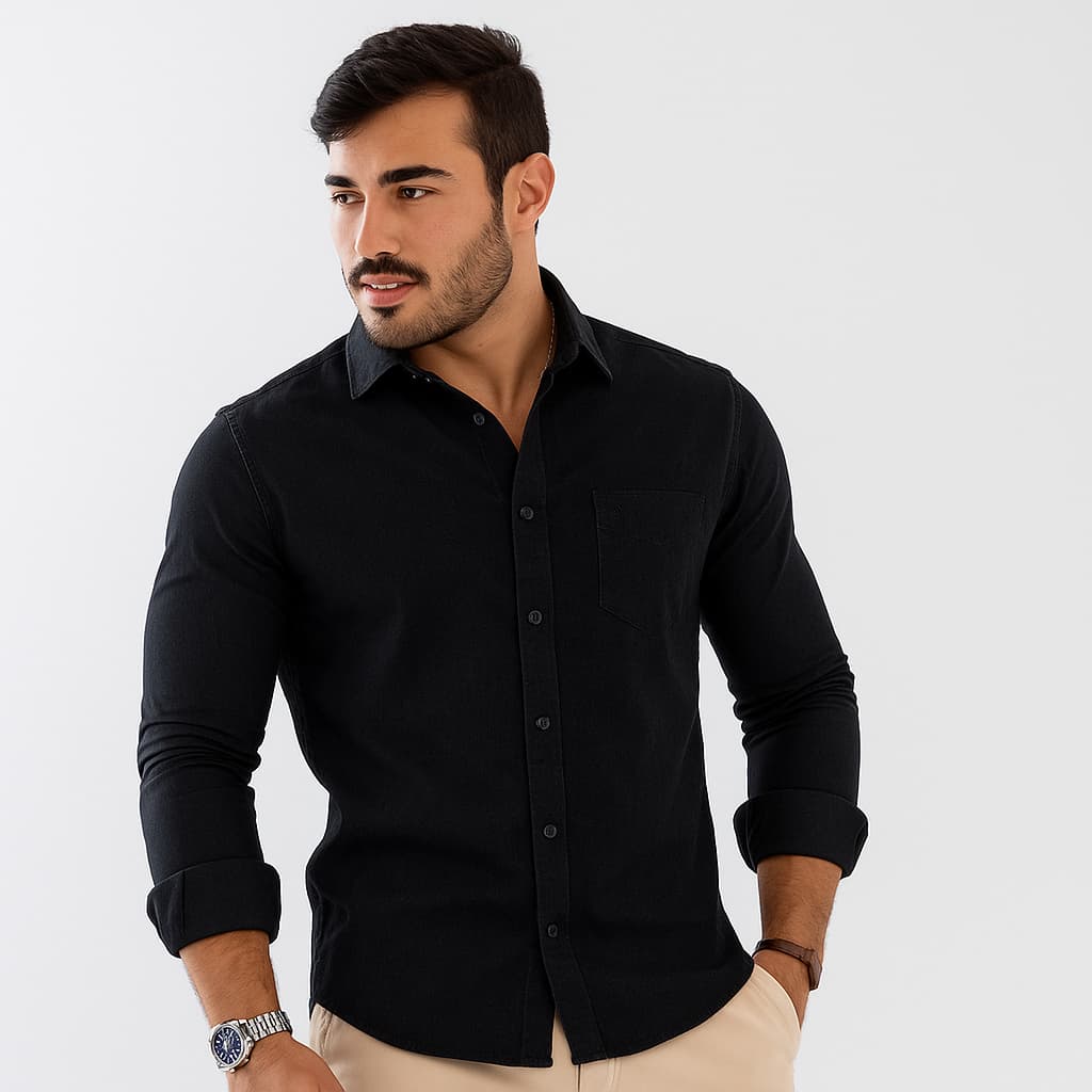 Camisa Jeans Masculina Manga Longa Slim Fit Social