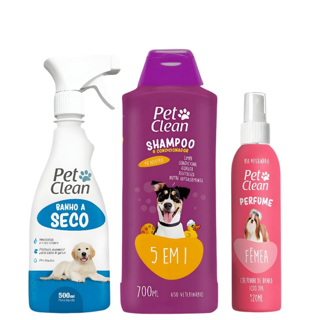 Kit Banho Pet 3 em 1: Banho a Seco + Shampoo 5 em 1 + Perfume para Cães e Gatos Pet Clean
