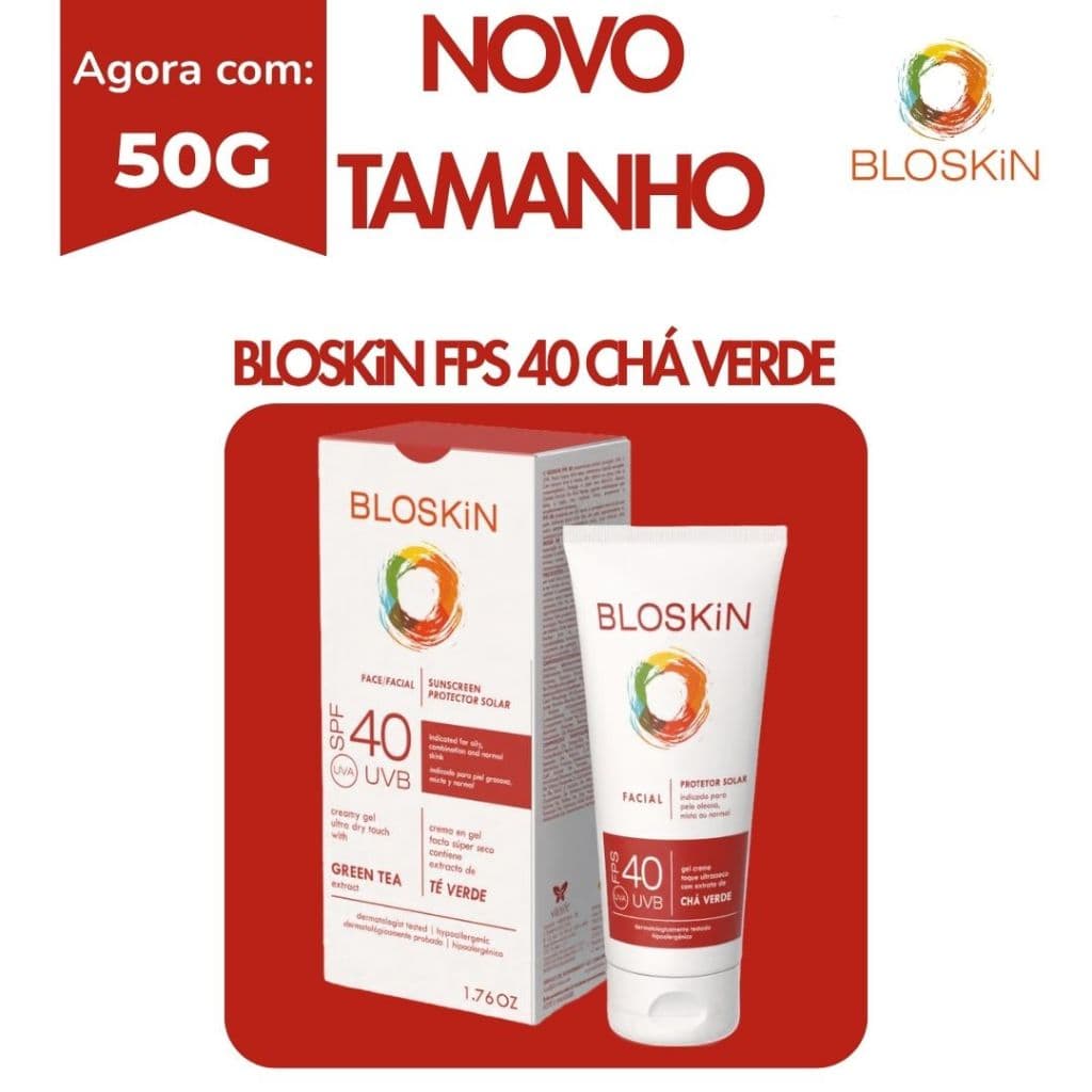 Bloskin Protetor Solar Facial FPS 40 Chá Verde 50g Proteção UVA UVB