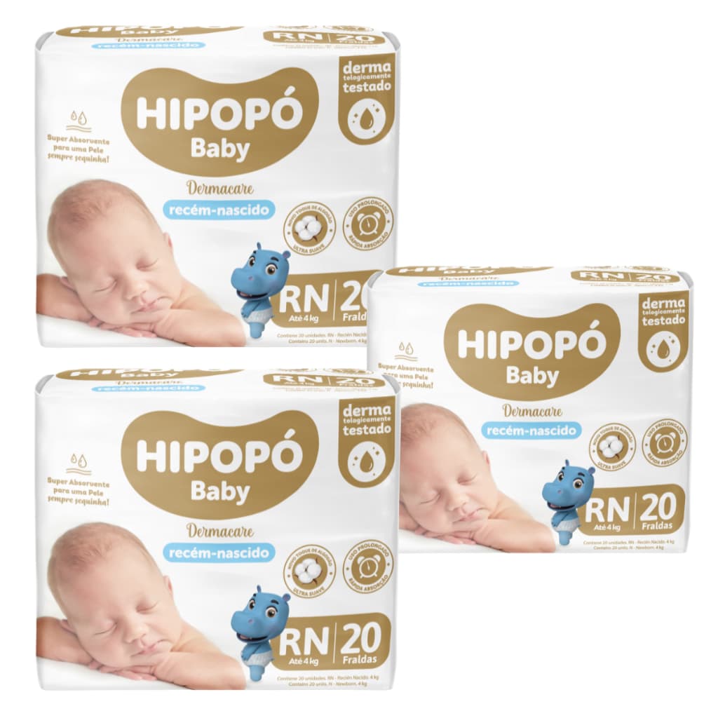 KIT 3 PACOTES FRALDAS HIPOPÓ BABY RN RECÉM NASCISO C/20UN