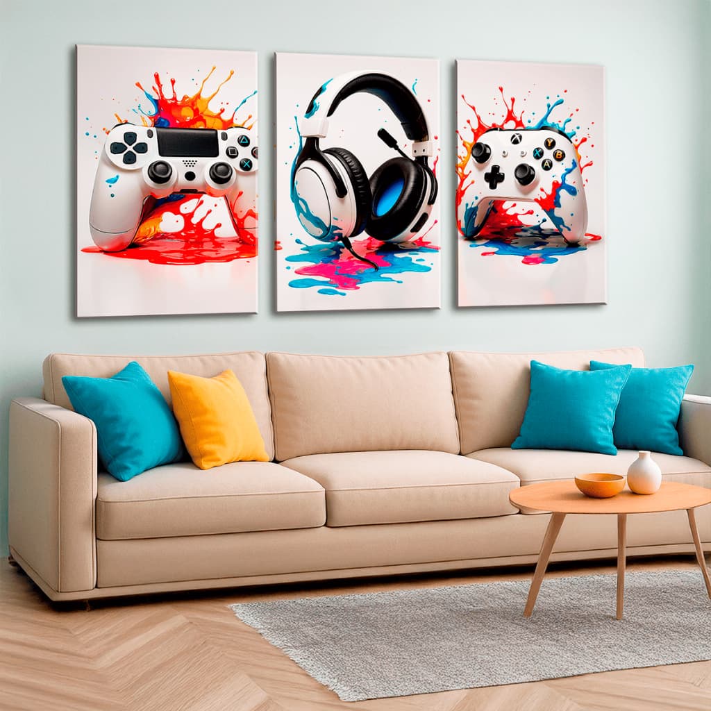 Quadro Decorativo Controles Videogame Quarto Gamer 120x60 3pç