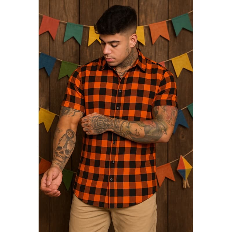 Camisa Xadrez Masculina Manga Curta Social Slim Festa Junina