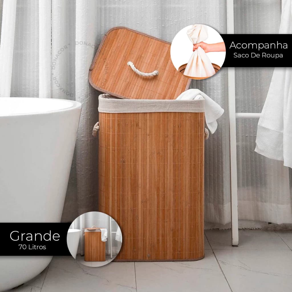 Cesto de Roupa Suja 70 LITROS Lavanderia Bambu Com Tampa Banheiro Dobrável Cesto de Roupa