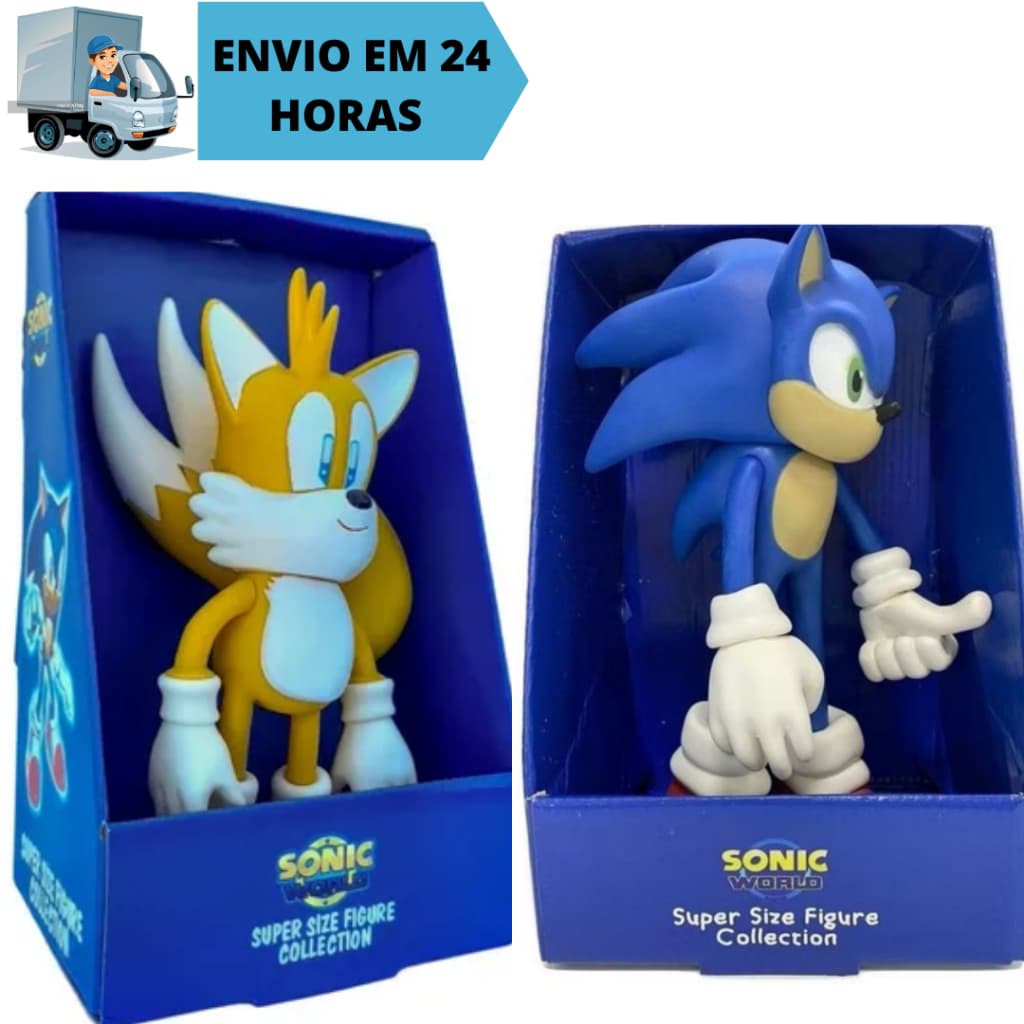 Combo  Kit 2 Bonecos Sonic E Tails 28cm Collection Grandes Articulado Super Size Sonic