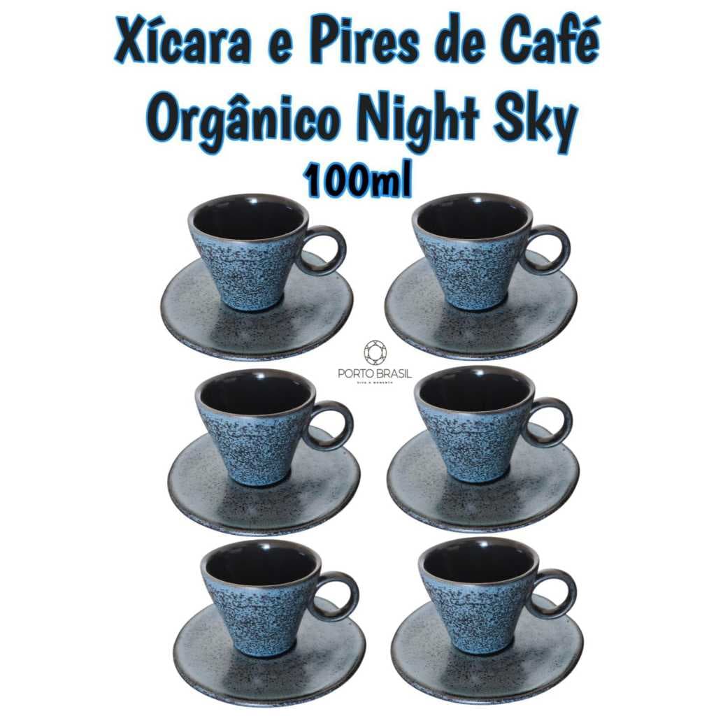 Xícara com Pires de Café Orgânico Sky Night Azul Jogo 2ª linha Porto Brasil Cerâmica Louças Decoração Porcelana Chá