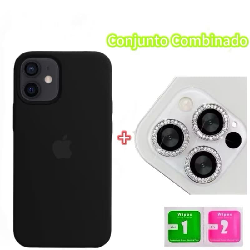 Kit Capinha Silicone Aveludado Original+Lente Película De Câmera Diamante Para iphone11 12 13 Pro Promax