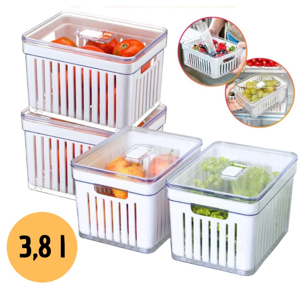 Kit Organizadores de Geladeira 3,8 Litros Cesto Com Tampa Multiuso Alimentos Verduras e Vegetais