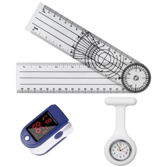 Kit Oxímetro Digital Dedo + Relógio Lapela Presilha + Goniômetro 36cm  Enfermagem Fisioterapia Saúde