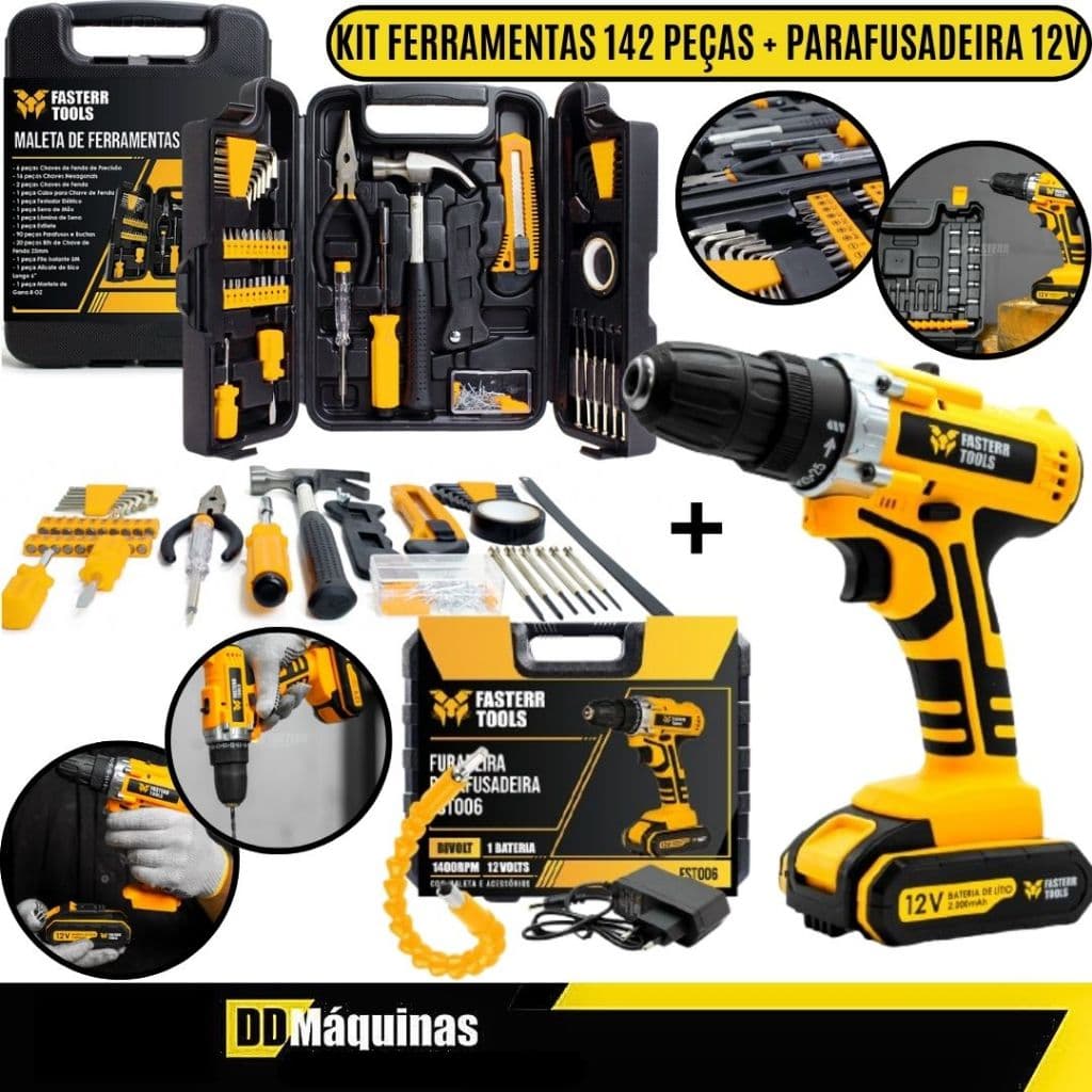 Kit Furadeira Parafusadeira 12V Com Acessórios + Maleta e Bateria + Jogo 142 Peças - Fasterr