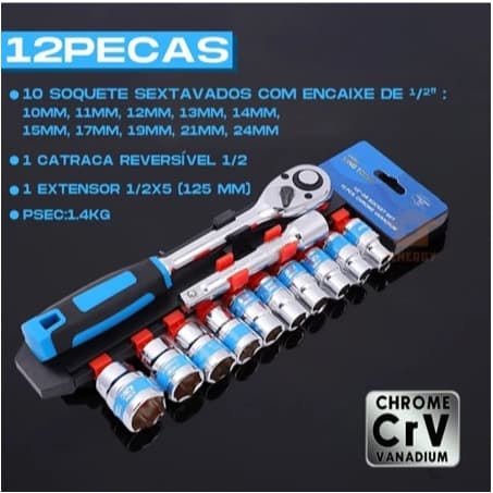 Jogo De Soquete Sextavado 1/2 Catraca 12 Peças 8a 24mm com Extensão