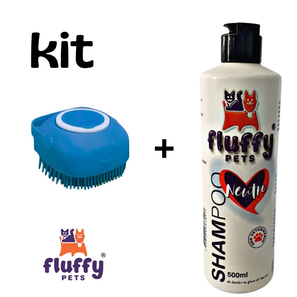 kit Shampoo para Cães e Gatos Fluffy Pets Neutro - 500ml Escova Banho Pet Lava Pelo Cachorro Dispenser Porta Shampoo