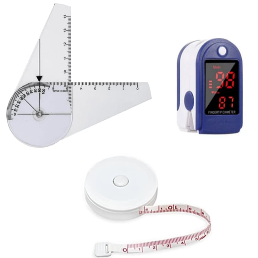 Kit Goniômetro 14cm + Trena 1,5m + Oxímetro Digital Dedo | Fisioterapia Enfermagem