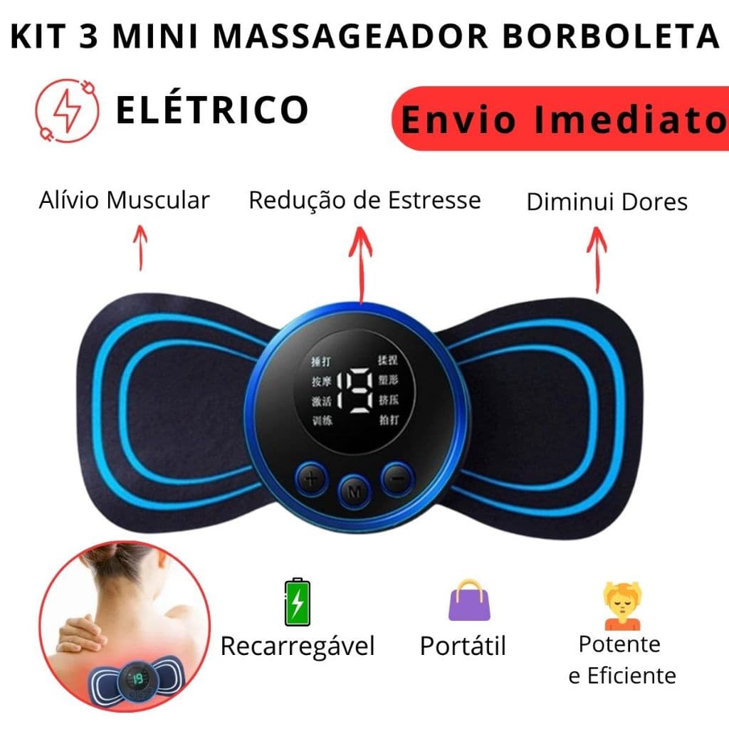 Kit 3 Peças Mini Massageador Borboleta Elétrico Para Alivio de Dores Musculares