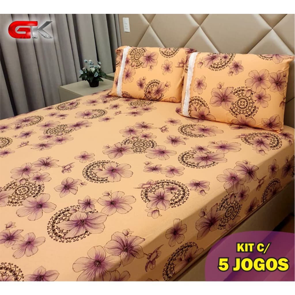 Kit 5 Jogo De Lençol Casal / Queen Malha Estampado - 100% Algodão - Fronhas c/ Zíper
