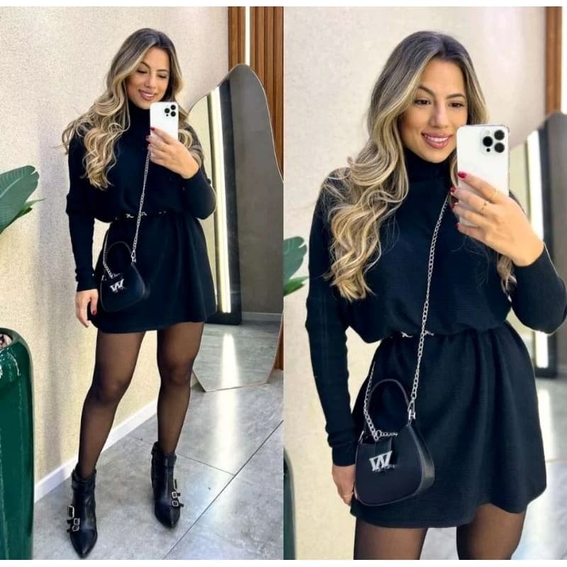 Vestido Poncho Tecido Lanzinha vestido Midi feminino gola alta com manga longa Inverno