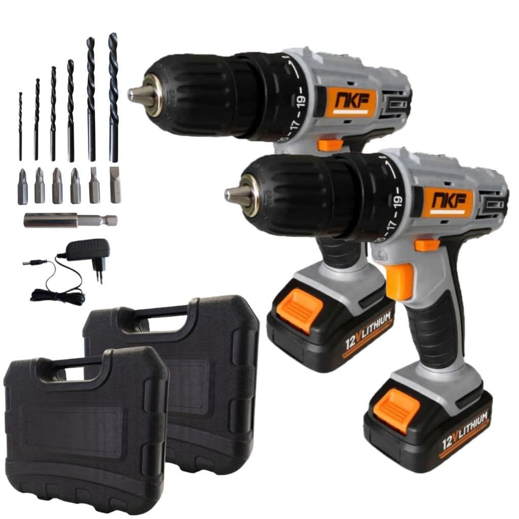 Kit com 2 Furadeiras Parafusadeiras à Bateria 12V e Maleta com Brocas, Bits e Acessórios FP12X NKF