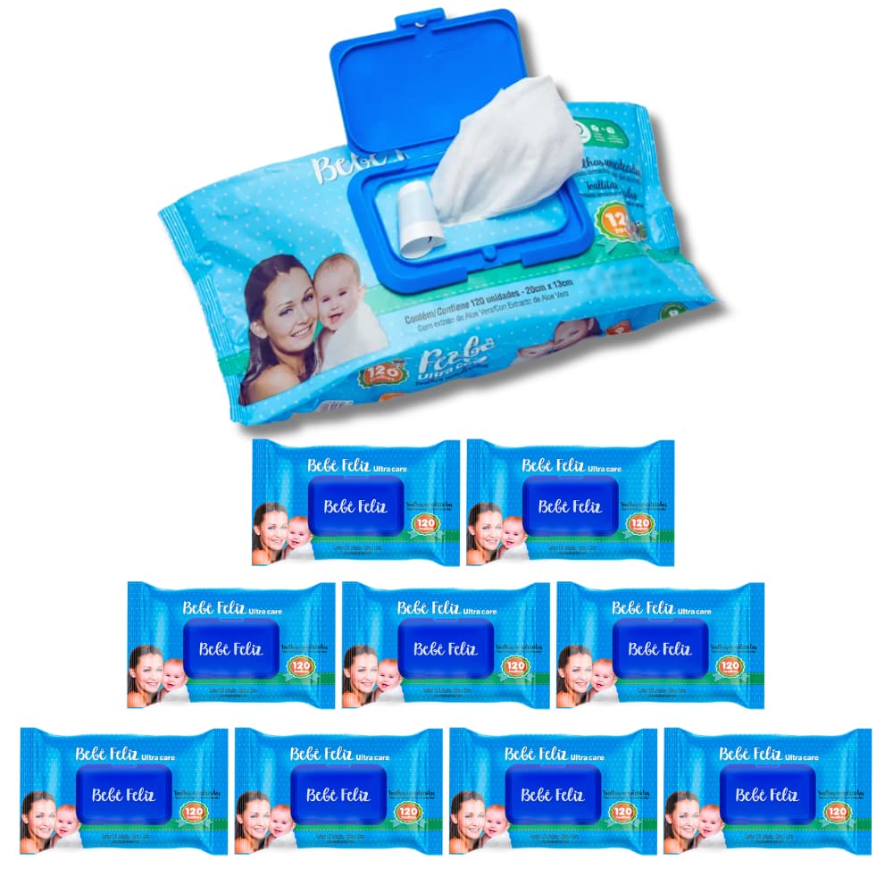 KIT 10 Toalhas Umedecidas Bebê Feliz 120 folhas cada 1200 folhas total Lenço Umedecido Lencinho