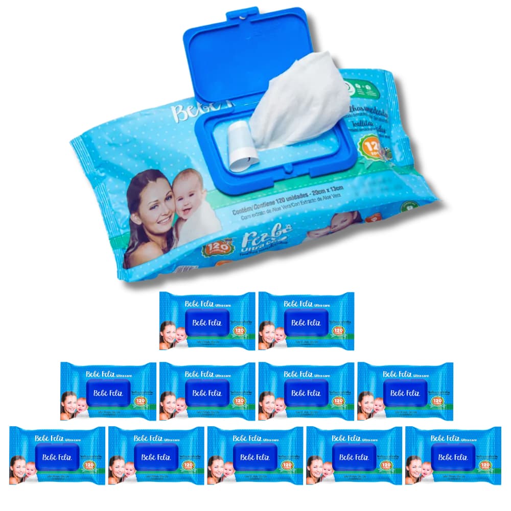 KIT 12 Toalhas Umedecidas Bebê Feliz 120 folhas Lenço Umedecido Lencinho