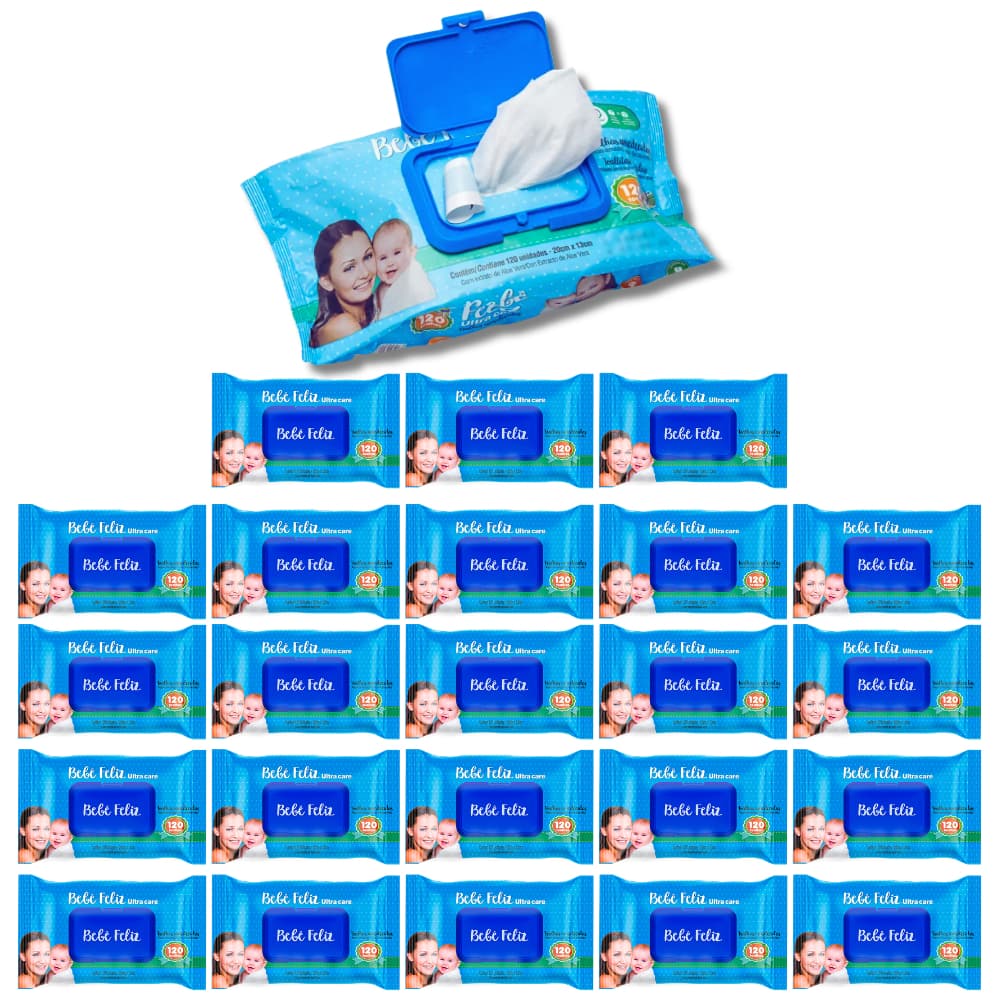KIT 24 Toalhas Umedecidas Bebê Feliz 120 folhas Lenço Umedecido Lencinho
