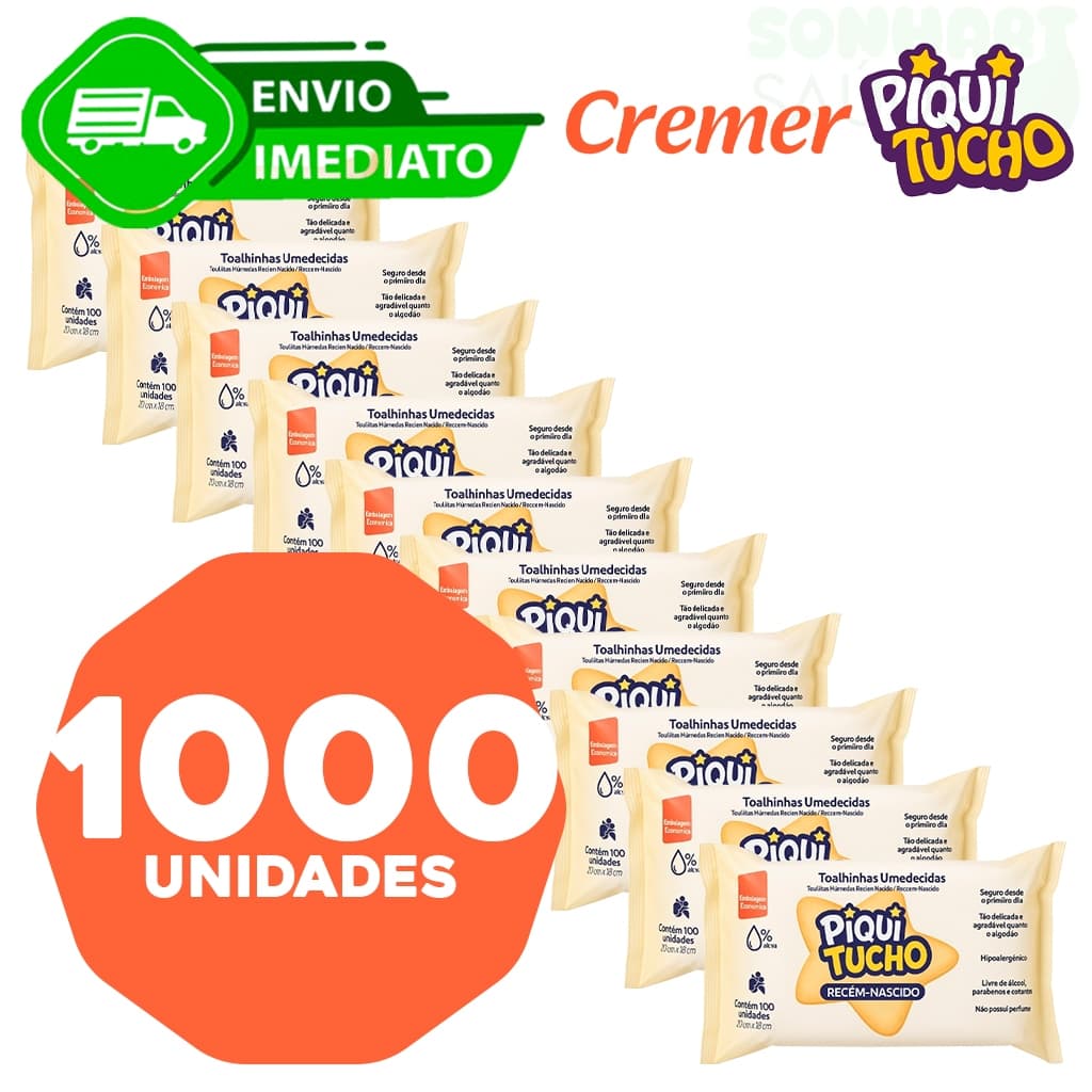 Kit C/1000 Lenços Umedecidos Umidecido Sem Alcool Fralda Vegana Piquitucho Envio Imediato