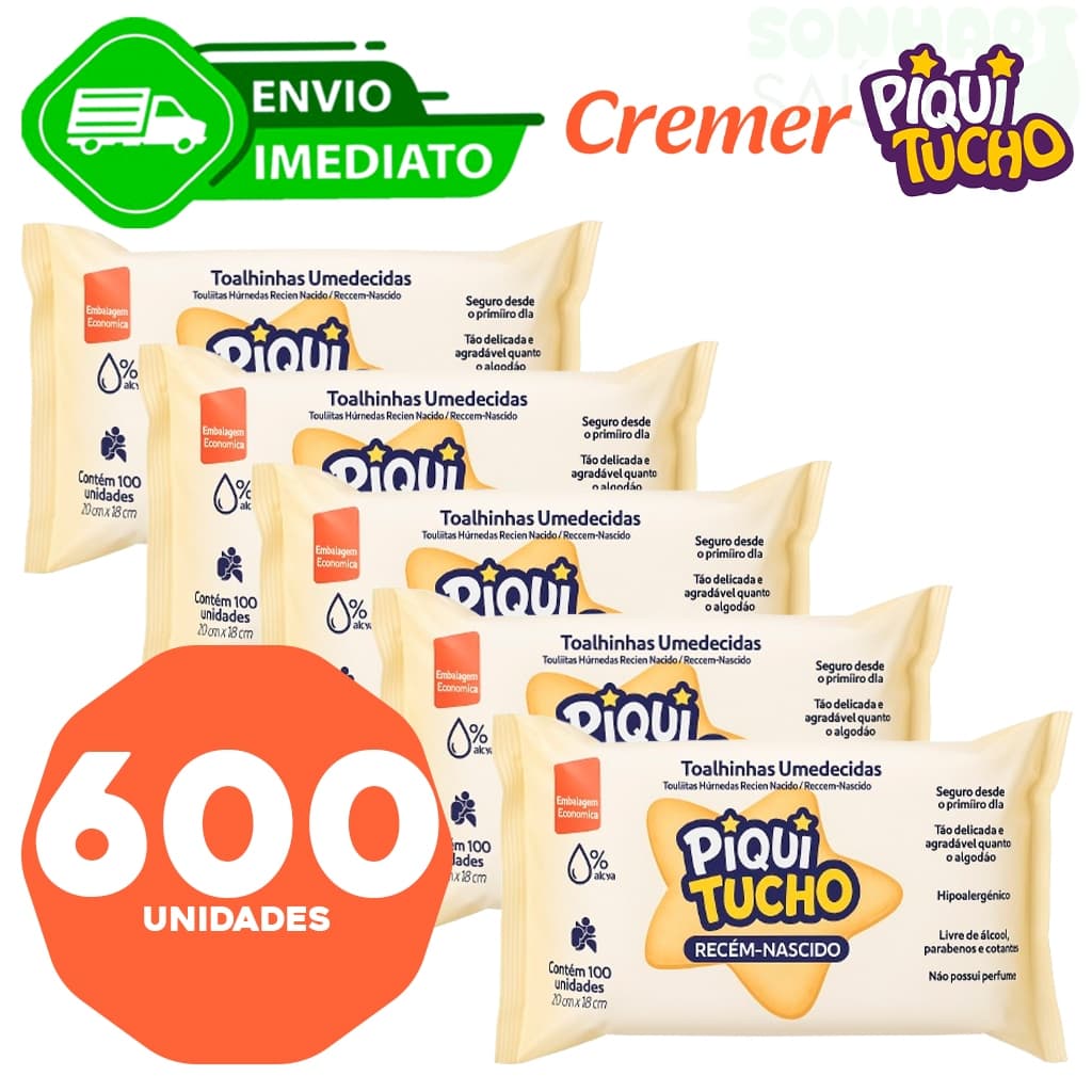 Kit C/600 Lenços Umedecidos Umidecido Sem Alcool Fralda Vegana Piquitucho Envio Imediato