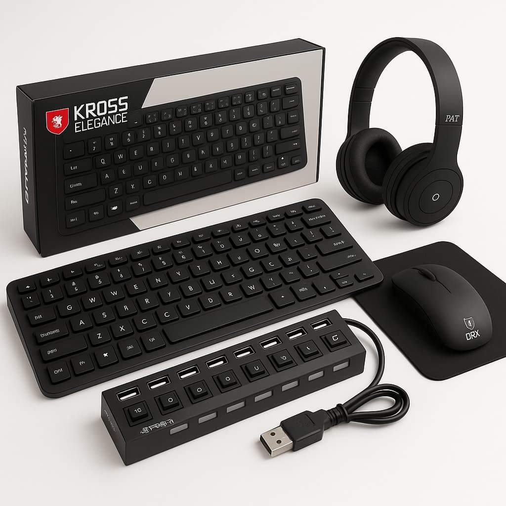 Kit Escritório com Teclado e Mouse com Fio, MousePad, Hub USB 7 portas, Fone De Ouvido Bluetooth Sem Fio P47 com cancela