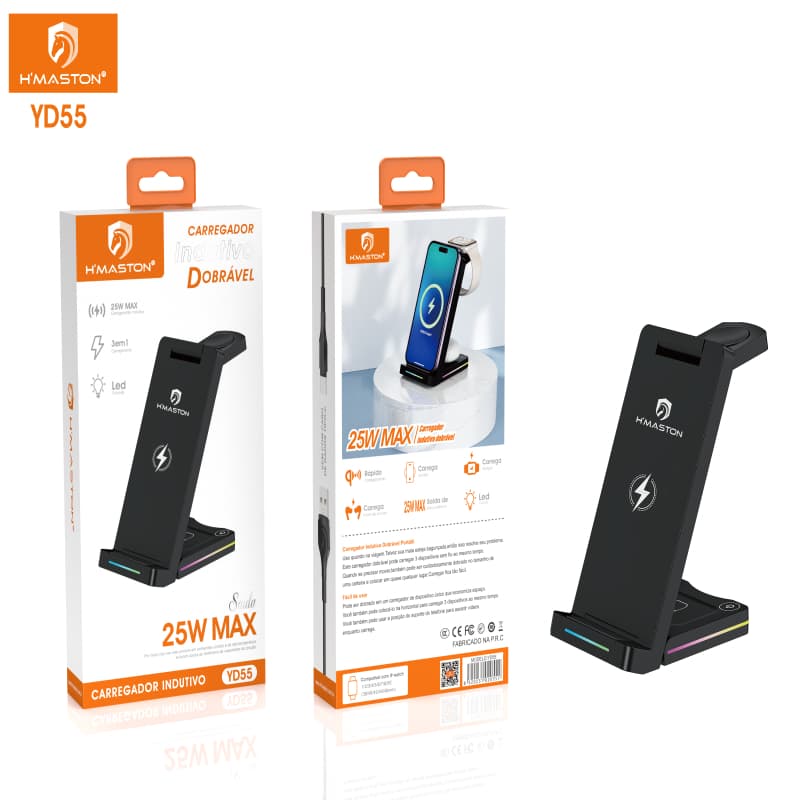 Carregador Indução Dock 25W 3 em 1 Carregador Rápido Sem Fio Suporte Apple Watch Dobrável Estação