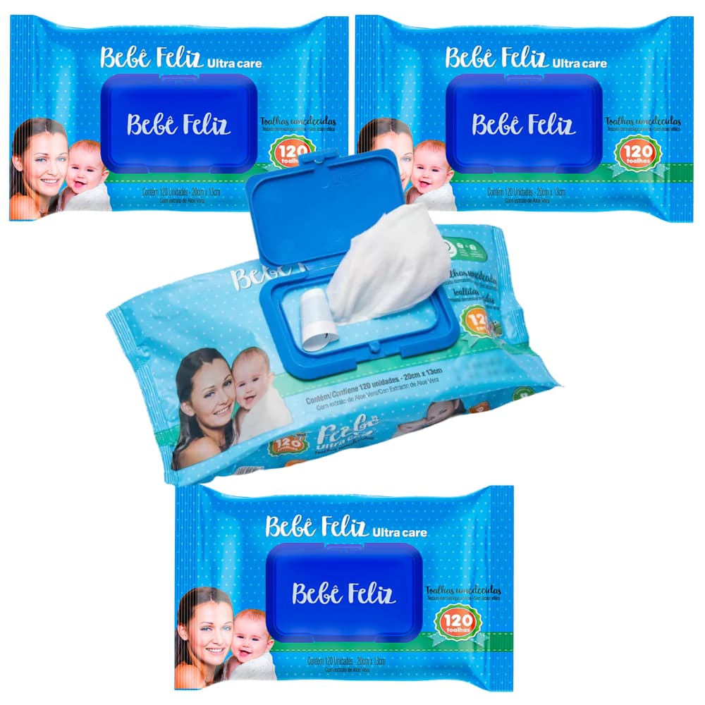 KIT 4 Toalhas Umedecidas Bebê Feliz 120 folhas Lenço Umedecido Lencinho