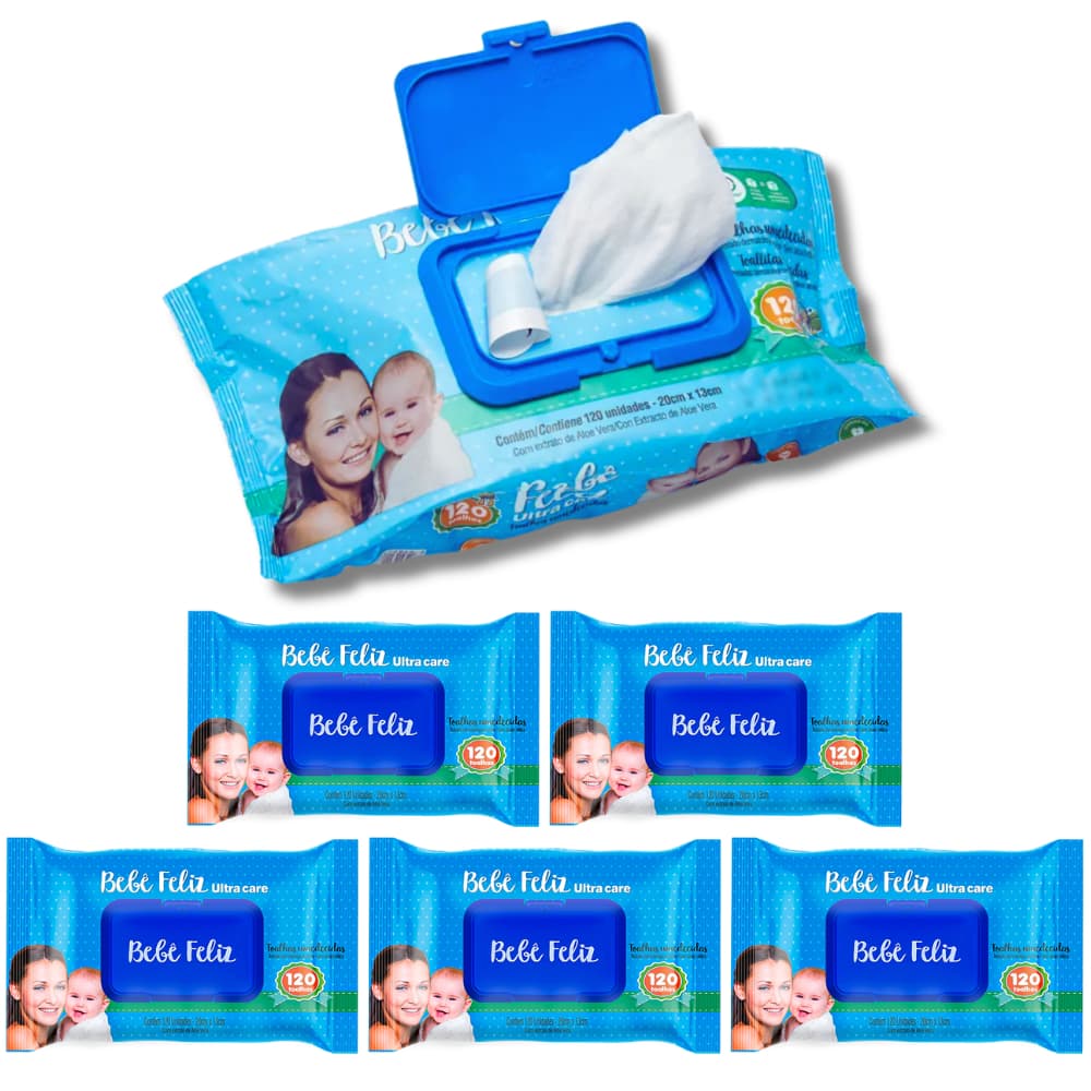 KIT 6 Toalhas Umedecidas Bebê Feliz 120 folhas Lenço Umedecido Lencinho