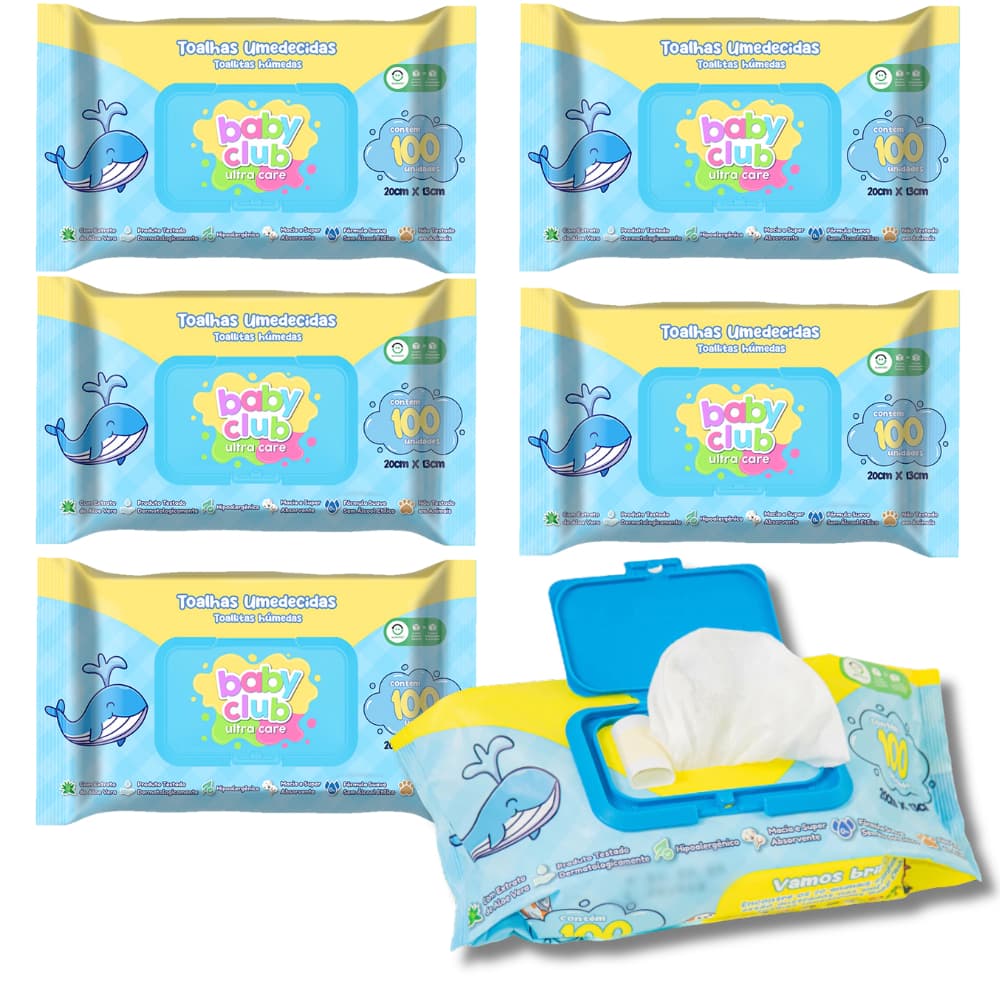 KIT 6 Toalha Umedecida Baby Club c/100 Folhas Lenço Umedecido Lencinho