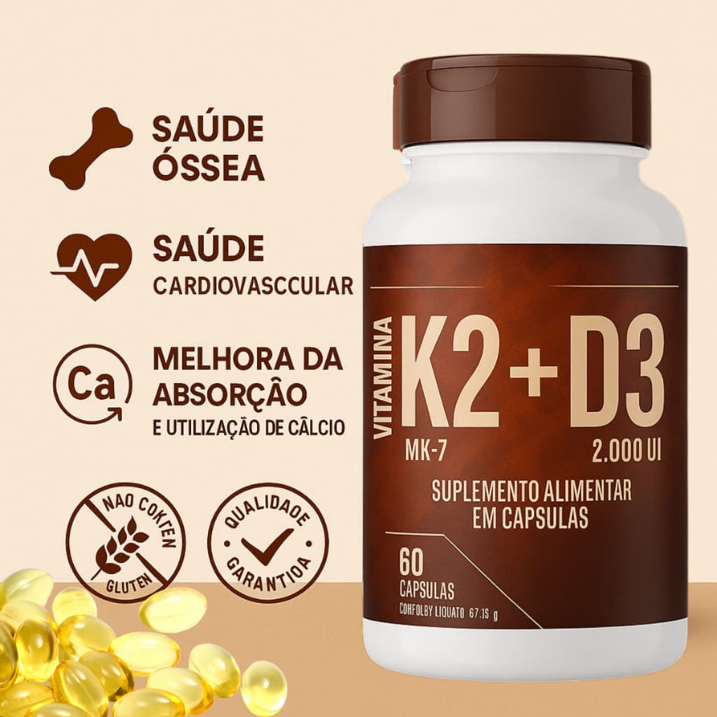 VITAMINA D3 + K2 MK7 700 MG 60 CAPSULAS OSSOS DENTES FORÇA ALTA ABSORÇÃO