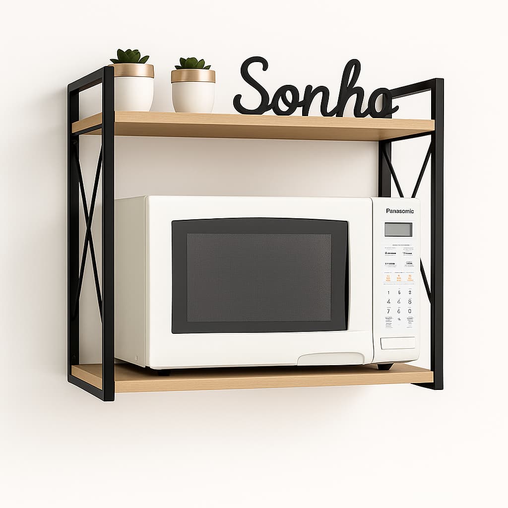 Suporte Micro-ondas Industrial Parede Ferro Madeira Reforçado Prateleira Cozinha Gourmet