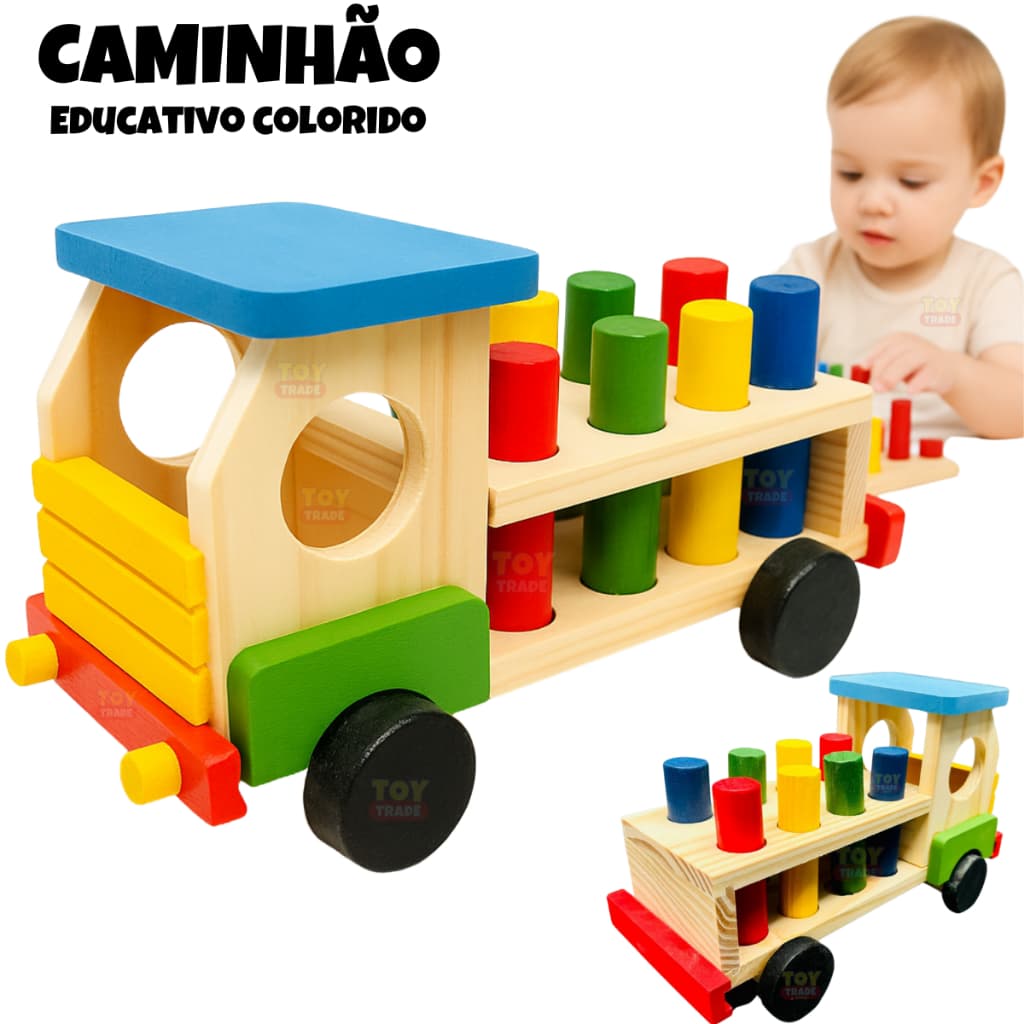 Caminhão Educativo de Pinos Coloridos – Encaixe, Cores e Formas em Madeira Toy Trade Classificador