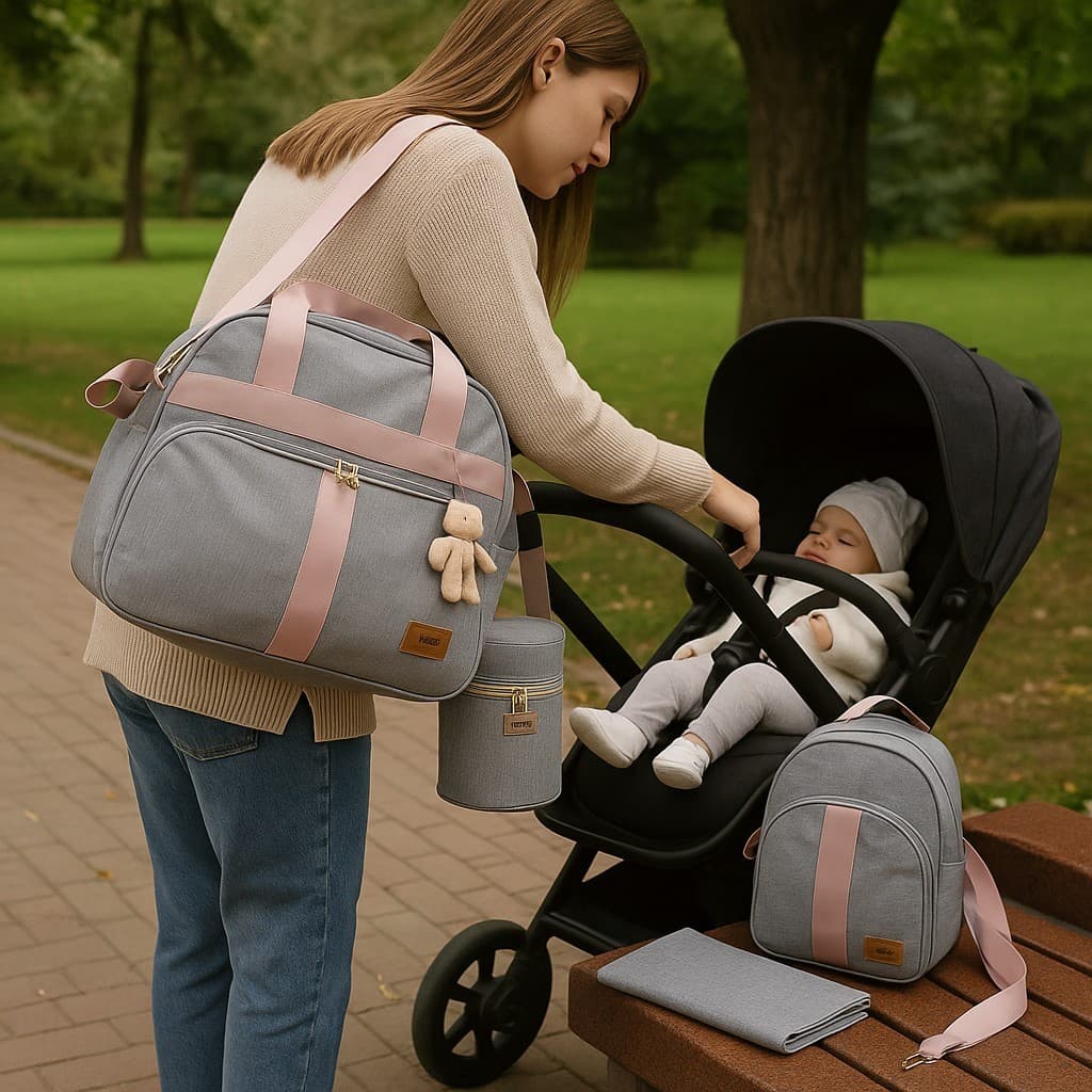 Bolsa Maternidade Mamãe Bebe Menina Cinza com Rosa Kit presente cha de bebe enxoval bebe menina
