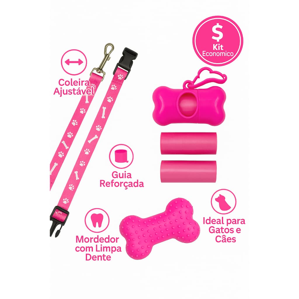 Coleira Completa - kit Passeio PET – Coleira, Guia, Cata Caca Com Refil e Mordedor Limpa Dente