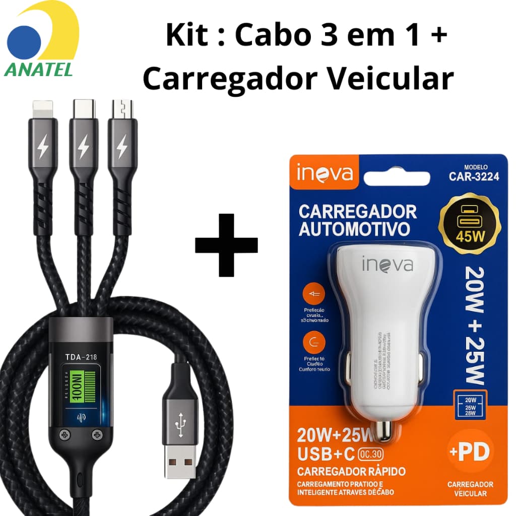 Carregador Veicular 45W e Cabo 100W Automóveis Super Rapído Inova tipo c v8 ligthining micro usb