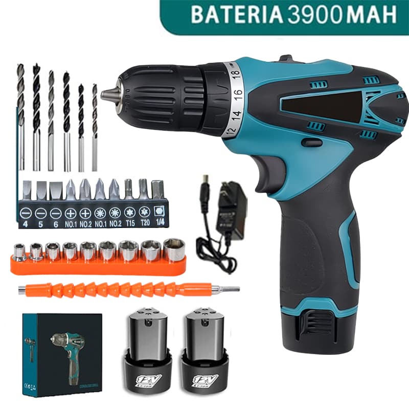 Furadeira Parafusadeira Elétrica 12V- 2 Baterias Com Broca e Carregador + Velocidade Variável e luz LED