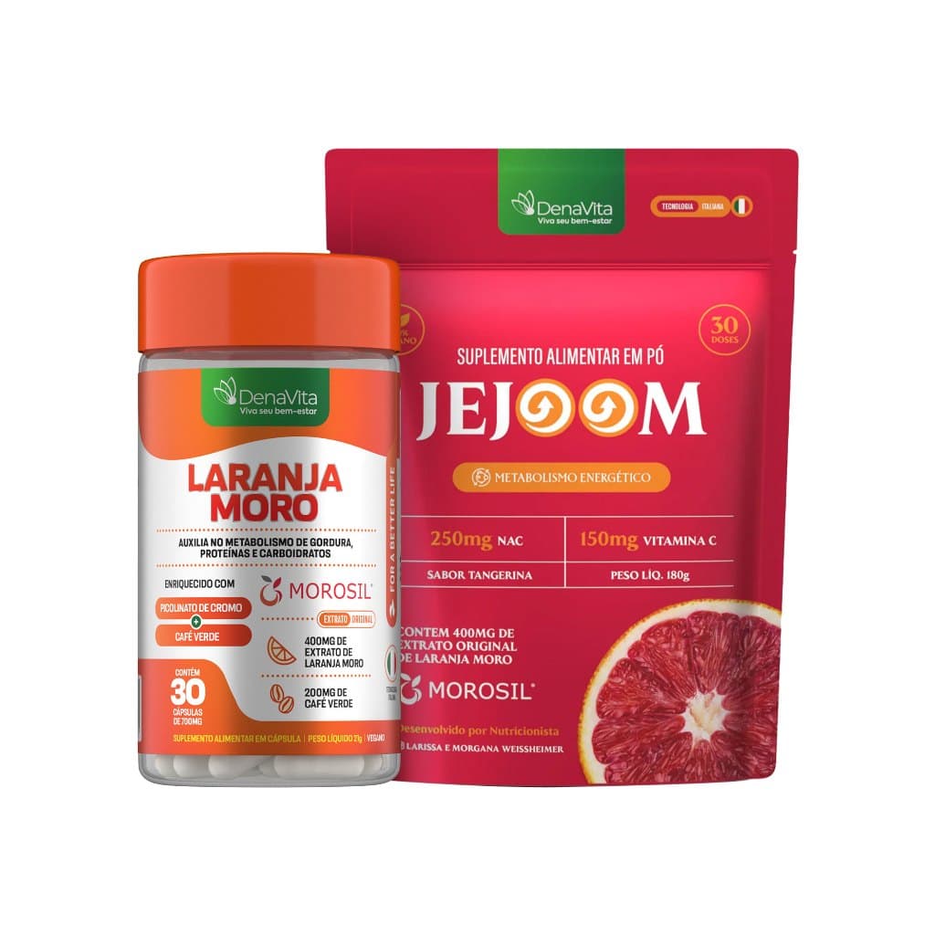 Kit Extrato de Laranja Moro Morosil Cromo Café Verde + Jejoom Nac, Vitamina C, Hibisco Pimenta Preta Pré Treino Denavita
