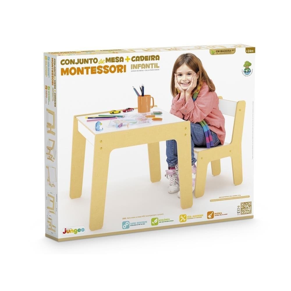 Conjunto Mesa e Cadeira Infantil Montessoriana Madeira MDF Criança até 35 Kg +2 anos Junges 994